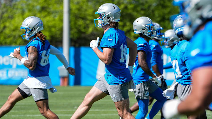 Detroit Lions wide receiver Isaac TeSlaa (18) practices during rookie minicamp at team's Performance Center in Allen Park