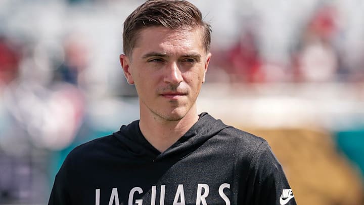 Sep 21, 2025; Jacksonville, Florida, USA; Jacksonville Jaguars general manager James Gladstone on the field during pregame against the Houston Texans at EverBank Stadium. Mandatory Credit: Travis Register-Imagn Images