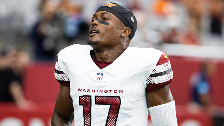 Sep 29, 2024; Glendale, Arizona, USA; Washington Commanders wide receiver Terry McLaurin (17) against the Arizona Cardinals at State Farm Stadium. Mandatory Credit: Mark J. Rebilas-Imagn Images