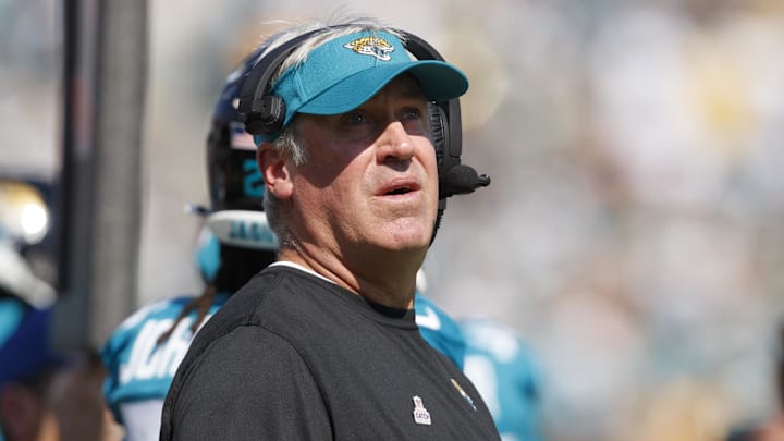 Oct 27, 2024; Jacksonville, Florida, USA; Jacksonville Jaguars head coach Doug Pederson watches a replay against the Green Bay Packers during the first quarter at EverBank Stadium. Mandatory Credit: Morgan Tencza-Imagn Images