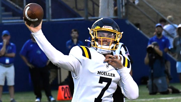 Matt Ponatoski delivers a touchdown strike for the Crusaders at RDI Stadium, Sept. 20, 2024. Ponatoski leads Archbishop Moeller, who is the the preseason No. 1 in the High School on SI Ohio Top 25.
