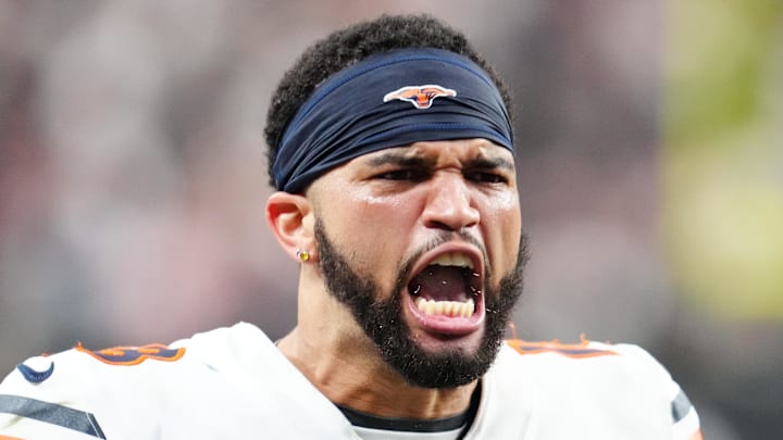 Chicago Bears quarterback Caleb Williams celebrates after the game against the Las Vegas Raiders.