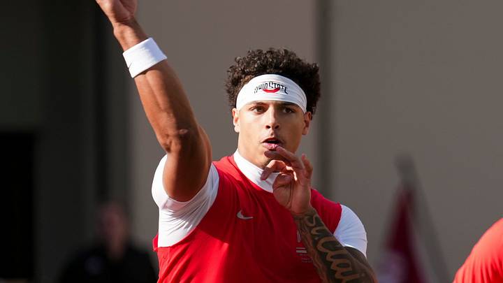 Ohio State Buckeyes quarterback Tavien St. Clair (9) warms up beside quarterback Luke Fahey (13) during the NCAA football game against the Indiana Hoosiers at Memorial Stadium Stadium in Bloomington, Ind. on Oct. 17, 2026. Ohio State Buckeyes quarterback Tavien St. Clair (9) warms up beside quarterback Luke Fahey (13) during the NCAA football game against the Indiana Hoosiers at Memorial Stadium Stadium in Bloomington, Ind. on Oct. 17, 2026.