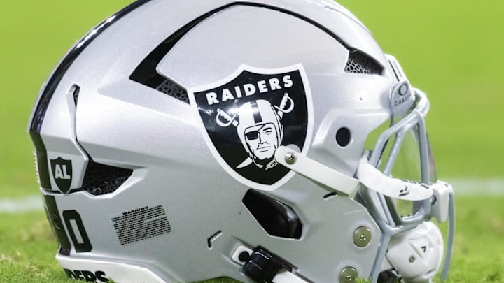 Aug 23, 2025; Glendale, Arizona, USA; Detailed view of a Las Vegas Raiders helmet during a preseason NFL game at State Farm Stadium. Mandatory Credit: Mark J. Rebilas-Imagn Images