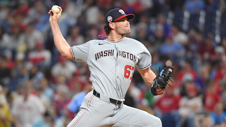 May 1, 2025; Philadelphia, Pennsylvania, USA; Washington Nationals pitcher Kyle Finnegan (67) throws a pitch during the ninth inning against the Philadelphia Phillies at Citizens Bank Park. 