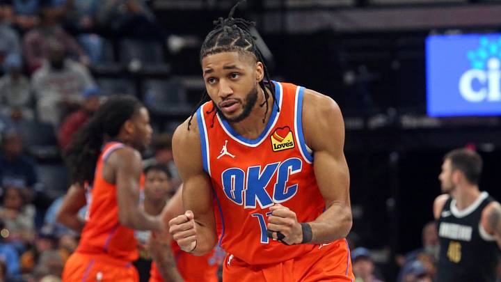 Mar 16, 2024; Memphis, Tennessee, USA; Oklahoma City Thunder guard Isaiah Joe (11) reacts during the second half against the Memphis Grizzlies at FedExForum. Mandatory Credit: Petre Thomas-Imagn Images