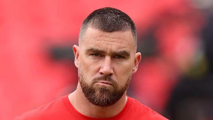 Travis Kelce of the Kansas City Chiefs frowns