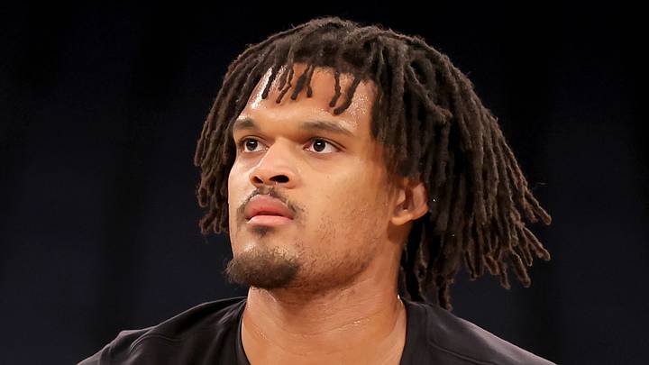 New York Knicks forward Dillon Jones (1) warms up before a game against the Portland Trail Blazers at Madison Square Garden on January 30, 2026.