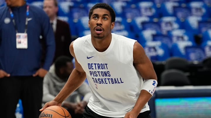 Apr 12, 2024; Dallas, Texas, USA; Detroit Pistons guard Jaden Ivey (23) warms up before the game against the Dallas Mavericks at American Airlines Center. Mandatory Credit: Chris Jones-Imagn Images