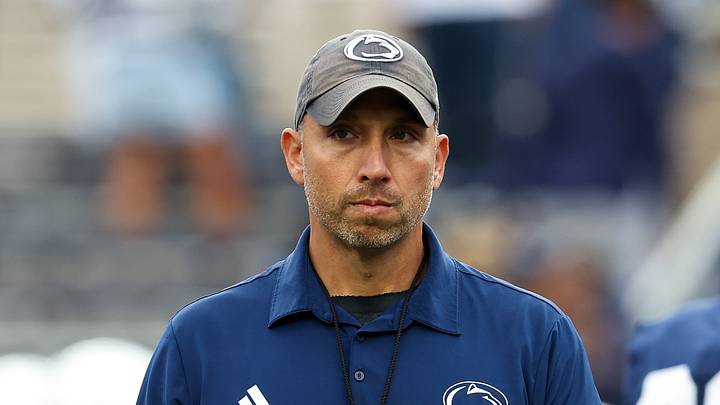Sep 26, 2026; University Park, Pennsylvania, USA;  Penn State Nittany Lions head coach Matt Campbell looks on during a warmup prior to the game against the Wisconsin Badgers at West Shore Home Field at Beaver Stadium.