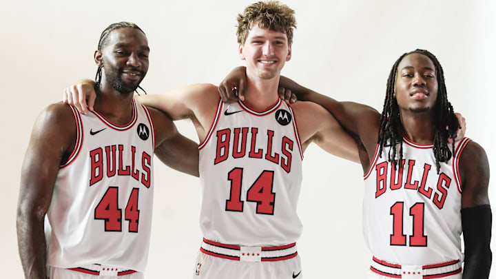 Sep 29, 2025; Chicago, IL, USA; Chicago Bulls forward Patrick Williams (44)  forward Matas Buzelis (14) and guard Ayo Dosunmu (11) pose for photos during Chicago Bulls Media Day. Mandatory Credit: David Banks-Imagn Images