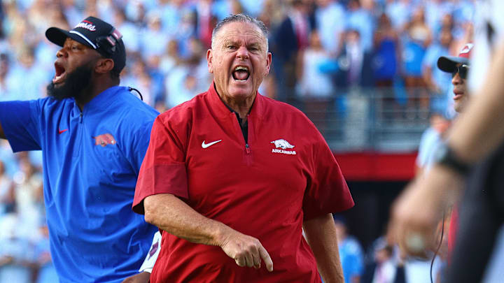 Arkansas Razorback head coach Sam Pittman reacts during the first quarter  at Vaught-Hemingway Stadium.