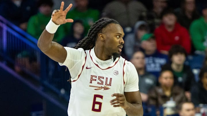 Feb 7, 2026; South Bend, Indiana, USA; Florida State Seminoles guard Robert McCray V. (6) celebrates making a 3-point shot against the Notre Dame Fighting Irish during the first half at Purcell Pavilion at the Joyce Center. Mandatory Credit: Michael Caterina-Imagn Images