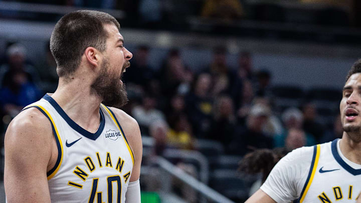 Mar 18, 2026; Indianapolis, Indiana, USA; Indiana Pacers center Ivica Zubac (40) reacts to a basket in the first half against the Portland Trail Blazers at Gainbridge Fieldhouse. Mandatory Credit: Trevor Ruszkowski-Imagn Images