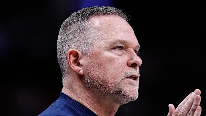 Mar 14, 2025; Denver, Colorado, USA; Denver Nuggets head coach Michael Malone in the second quarter against the Los Angeles Lakers at Ball Arena. Mandatory Credit: Isaiah J. Downing-Imagn Images