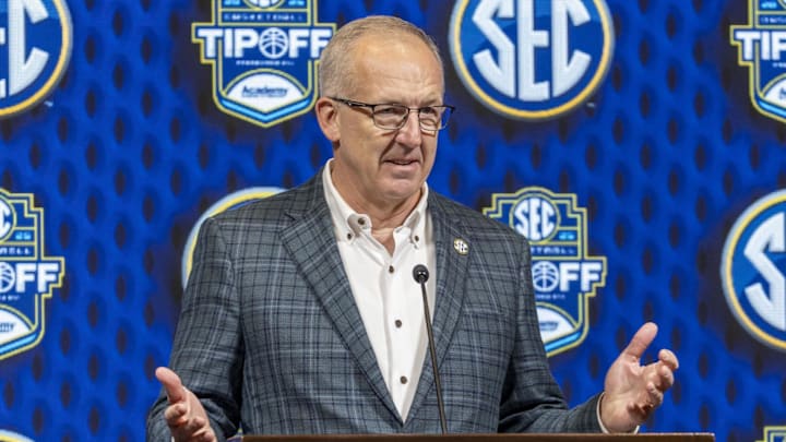 SEC commissioner Greg Sankey talks with the media during SEC Media Days at Grand Bohemian Hotel.