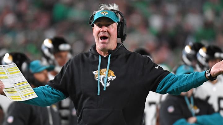 Nov 3, 2024; Philadelphia, Pennsylvania, USA; Jacksonville Jaguars head c coach Doug Pederson argues a call during the third quarter against the Philadelphia Eagles at Lincoln Financial Field. Mandatory Credit: Eric Hartline-Imagn Images