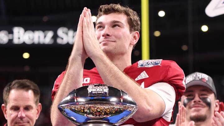 Jan 9, 2026; Atlanta, GA, USA; Indiana Hoosiers quarterback Fernando Mendoza (15) reacts after the 2025 Peach Bowl and semifinal game of the College Football Playoff at Mercedes-Benz Stadium. Mandatory Credit: Brett Davis-Imagn Images