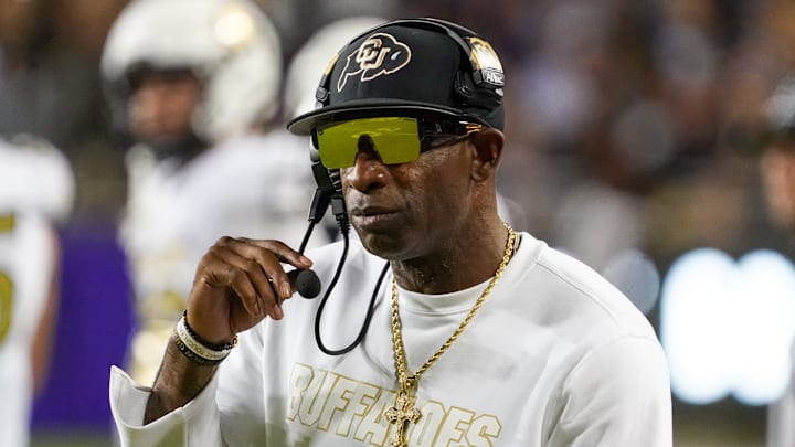 Oct 4, 2025; Fort Worth, Texas, USA; Colorado Buffaloes head coach Deion Sanders on the sidelines during the first half against the TCU Horned Frogs at Amon G. Carter Stadium. Mandatory Credit: Raymond Carlin III-Imagn Images