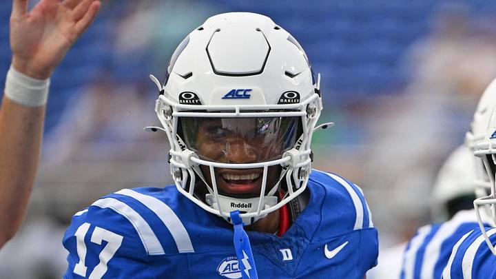 Sep 5, 2026; Durham, North Carolina, USA;  Duke Blue Devils running back Nate Sheppard (20) and Duke Blue Devils wide receiver Jared Richardson (17) celebrate Duke Blue Devils running back Nate Sheppard's (20) touchdown against the Tulane Green Wave during the first quarter at Wallace Wade Stadium.  Mandatory Credit: Zachary Taft-Imagn Images