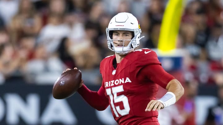 Aug 23, 2025; Glendale, Arizona, USA; Arizona Cardinals quarterback Clayton Tune (15) against the Las Vegas Raiders during a preseason NFL game at State Farm Stadium. Mandatory Credit: Mark J. Rebilas-Imagn Images