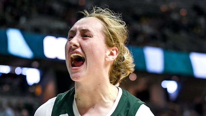 Michigan State's Kennedy Blair cheers on the crowd at the end of the second quarter in the game against Michigan on Sunday, Feb. 1, 2026, at the Breslin Center in East Lansing. Michigan State's Kennedy Blair cheers on the crowd at the end of the second quarter in the game against Michigan on Sunday, Feb. 1, 2026, at the Breslin Center in East Lansing.