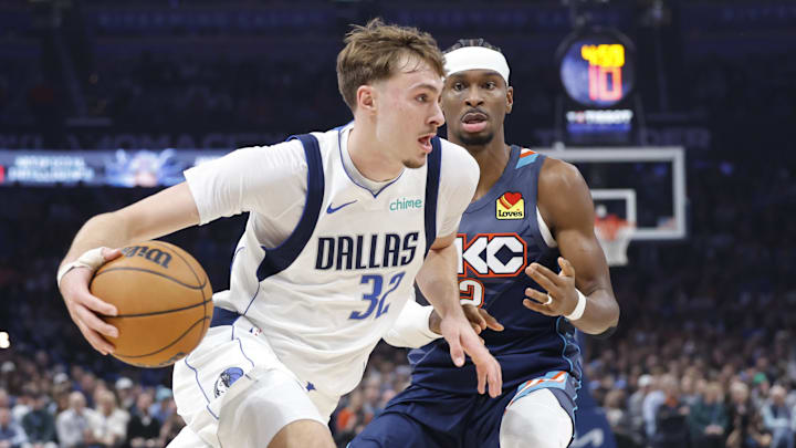 Dec 5, 2025; Oklahoma City, Oklahoma, USA; Dallas Mavericks forward Cooper Flagg (32) drives to the basket around Oklahoma City Thunder guard Shai Gilgeous-Alexander (2) during the second quarter at Paycom Center. Mandatory Credit: Alonzo Adams-Imagn Images Dec 5, 2025; Oklahoma City, Oklahoma, USA; Dallas Mavericks forward Cooper Flagg (32) drives to the basket around Oklahoma City Thunder guard Shai Gilgeous-Alexander (2) during the second quarter at Paycom Center. Mandatory Credit: Alonzo Adams-Imagn Images