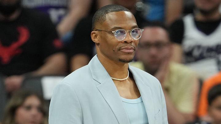 Apr 5, 2026; Sacramento, California, USA; Sacramento Kings guard Russell Westbrook (center) stands on the court during the fourth quarter against the LA Clippers at Golden 1 Center. Mandatory Credit: Darren Yamashita-Imagn Images