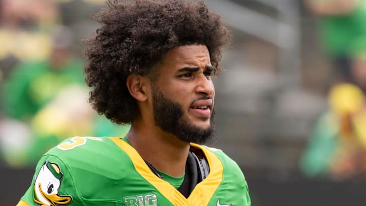 Oregon quarterback Dante Moore warms up as the Oregon Ducks host the Oklahoma State Cowboys on Sept. 6, 2025, at Autzen Stadium in Eugene, Oregon. Oregon quarterback Dante Moore warms up as the Oregon Ducks host the Oklahoma State Cowboys on Sept. 6, 2025, at Autzen Stadium in Eugene, Oregon.