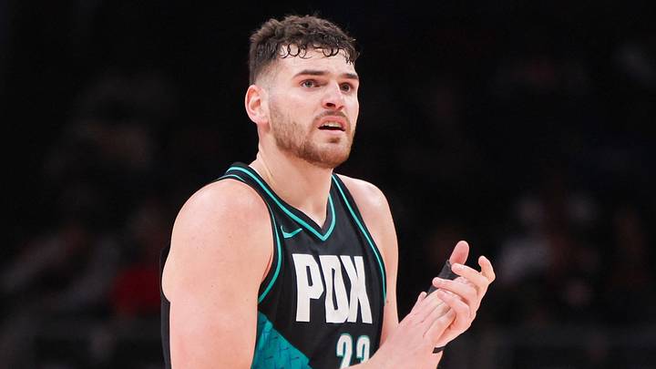 Mar 1, 2026; Atlanta, Georgia, USA; Portland Trail Blazers center Donovan Clingan (23) reacts after a timeout against the Atlanta Hawks in the third quarter at State Farm Arena. Mandatory Credit: Brett Davis-Imagn Images