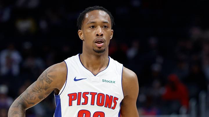Oct 6, 2024; Detroit, Michigan, USA;  Detroit Pistons forward Ron Holland II (00) dribbles in the first half against the Milwaukee Bucks at Little Caesars Arena. Mandatory Credit: Rick Osentoski-Imagn Images