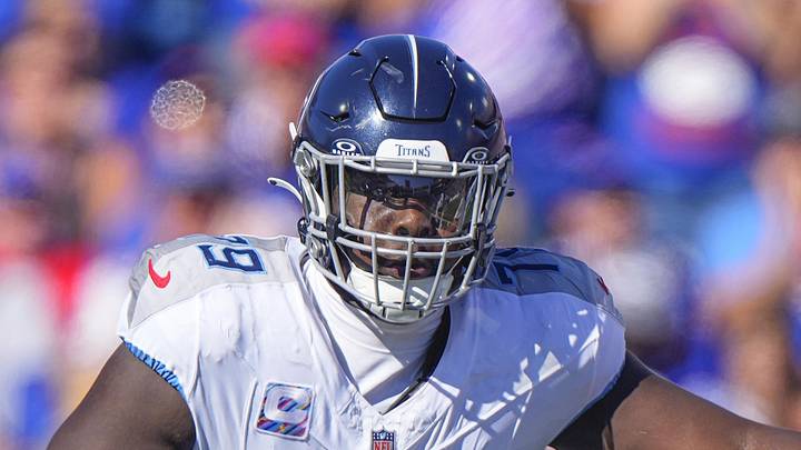 Oct 20, 2024; Orchard Park, New York, USA; Tennessee Titans center Lloyd Cushenberry III (79) looks to block against the Buffalo Bills during the first half at Highmark Stadium. Mandatory Credit: Gregory Fisher-Imagn Images