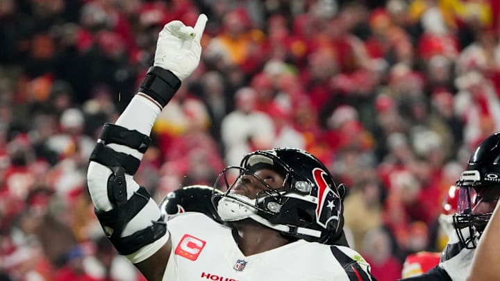 Dec 7, 2025; Kansas City, Missouri, USA; Houston Texans defensive end Will Anderson Jr. celebrates after sacking Kansas City Chiefs quarterback Patrick Mahomes.