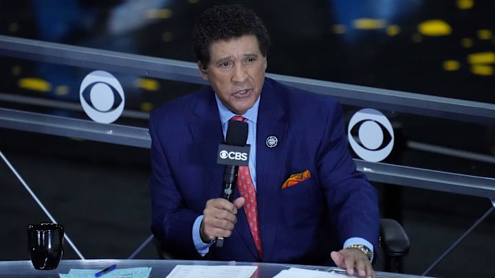 CBS announcer Greg Gumbel works the 2021 NCAA Tournament.