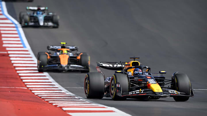 Oct 19, 2024; Austin, Texas, USA; Oracle Red Bull Racing driver Max Verstappen (1) of Team Netherlands drives during the Sprint Race in the 2024 Formula One US Grand Prix at Circuit of the Americas. Mandatory Credit: Jerome Miron-Imagn Images