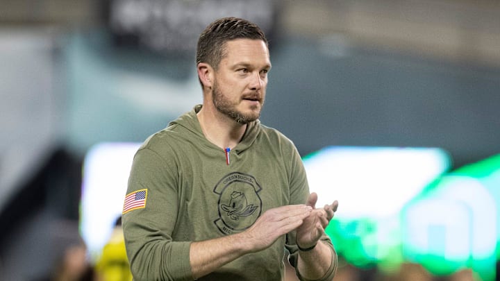 Oregon head coach Dan Lanning walks the field before the game as the No. 6 Oregon Ducks host the USC Trojans Saturday, Nov. 11, 2023, at Autzen Stadium in Eugene, Ore.