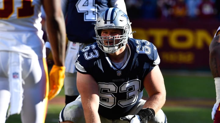 Dec 12, 2021; Landover, Maryland, USA; Dallas Cowboys center Tyler Biadasz (63) at the line of scrimmage against the Washington Football Team during the first half at FedExField. Mandatory Credit: Brad Mills-USA TODAY Sports Dec 12, 2021; Landover, Maryland, USA; Dallas Cowboys center Tyler Biadasz (63) at the line of scrimmage against the Washington Football Team during the first half at FedExField. Mandatory Credit: Brad Mills-USA TODAY Sports
