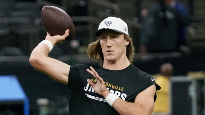 Aug 17, 2025; New Orleans, Louisiana, USA; Jacksonville Jaguars quarterback Trevor Lawrence (16) warms up against the New Orleans Saints at Caesars Superdome. Mandatory Credit: Matthew Hinton-Imagn Images