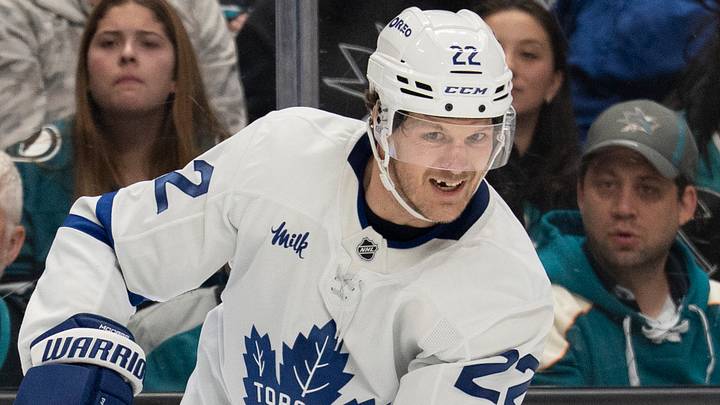 Apr 2, 2026; San Jose, California, USA; Toronto Maple Leafs defenseman Jake McCabe (22) reacts after passing the puck during the third period against the San Jose Sharks at SAP Center at San Jose. Mandatory Credit: Stan Szeto-Imagn Images Apr 2, 2026; San Jose, California, USA; Toronto Maple Leafs defenseman Jake McCabe (22) reacts after passing the puck during the third period against the San Jose Sharks at SAP Center at San Jose. Mandatory Credit: Stan Szeto-Imagn Images