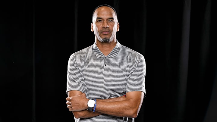 Sep 30, 2024; Dallas, TX, USA; Dallas Mavericks general manager Nico Harrison poses for a photo during the 2024 Dallas Mavericks media day. Mandatory Credit: Jerome Miron-Imagn Images