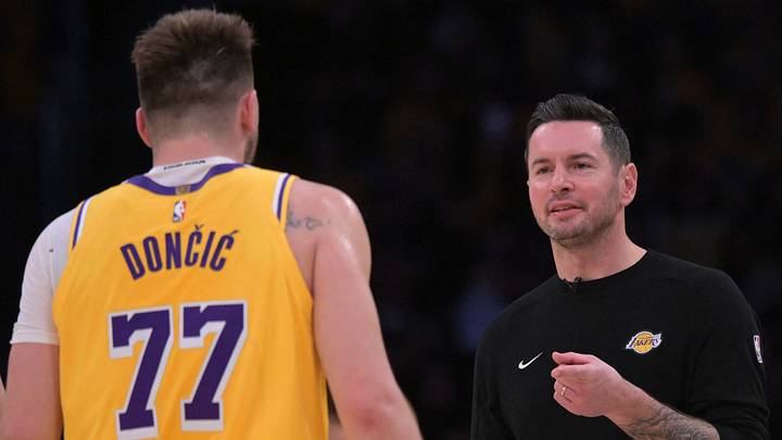 Feb 10, 2025; Los Angeles, California, USA; Los Angeles Lakers guard Luka Doncic (77) is greeted by head coach JJ Redick during a time out against the Utah Jazz at Crypto.com Arena. Mandatory Credit: Jayne Kamin-Oncea-Imagn Images Feb 10, 2025; Los Angeles, California, USA; Los Angeles Lakers guard Luka Doncic (77) is greeted by head coach JJ Redick during a time out against the Utah Jazz at Crypto.com Arena. Mandatory Credit: Jayne Kamin-Oncea-Imagn Images