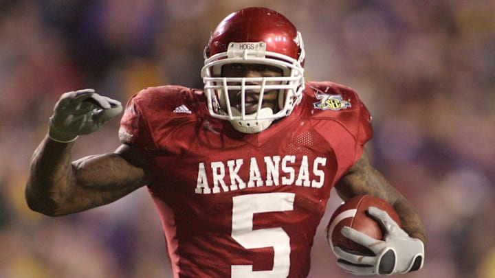 Arkansas Razorbacks tailback Darren McFadden (5) carries against the LSU Tigers in overtime at Tiger Stadium in Baton Rouge, La, on Nov. 23, 2007. The Hogs defeated the Bayou Bengals 50-48 in triple overtime. Arkansas Razorbacks tailback Darren McFadden (5) carries against the LSU Tigers in overtime at Tiger Stadium in Baton Rouge, La, on Nov. 23, 2007. The Hogs defeated the Bayou Bengals 50-48 in triple overtime.