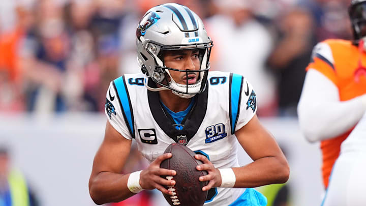 Oct 27, 2024; Denver, Colorado, USA; Carolina Panthers quarterback Bryce Young (9) prepares to pass the ball in the fourth quarter against the Denver Broncos at Empower Field at Mile High. Mandatory Credit: Ron Chenoy-Imagn Images Oct 27, 2024; Denver, Colorado, USA; Carolina Panthers quarterback Bryce Young (9) prepares to pass the ball in the fourth quarter against the Denver Broncos at Empower Field at Mile High. Mandatory Credit: Ron Chenoy-Imagn Images