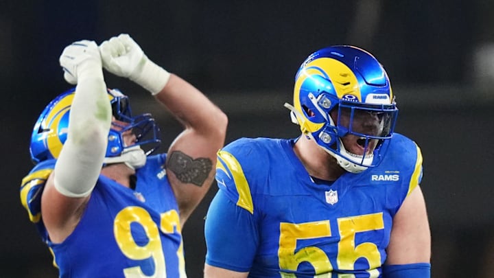 Los Angeles Rams defensive end Braden Fiske (55) celebrates his sack of Minnesota Vikings quarterback Sam Darnold (14) during their playoff game at State Farm Stadium on Jan. 13, 2025, in Glendale.