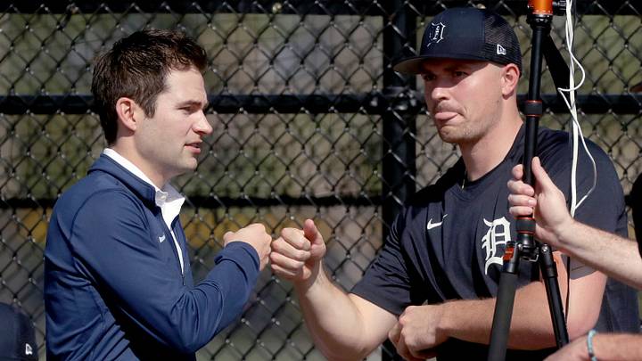 Tigers president of baseball operations Scott Harris fist-bumps pitcher Tarik Skubal during bullpen sessions. Tigers president of baseball operations Scott Harris fist-bumps pitcher Tarik Skubal during bullpen sessions.