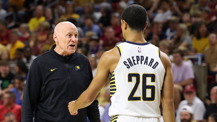 Oct 7, 2026; Ames, Iowa, USA;  Indiana Pacers head coach Rick Carlisle talks with Indiana Pacers guard Ben Sheppard (26) during their game against the Minnesota Timberwolves at James H. Hilton Coliseum.  Mandatory Credit: Reese Strickland-Imagn Images