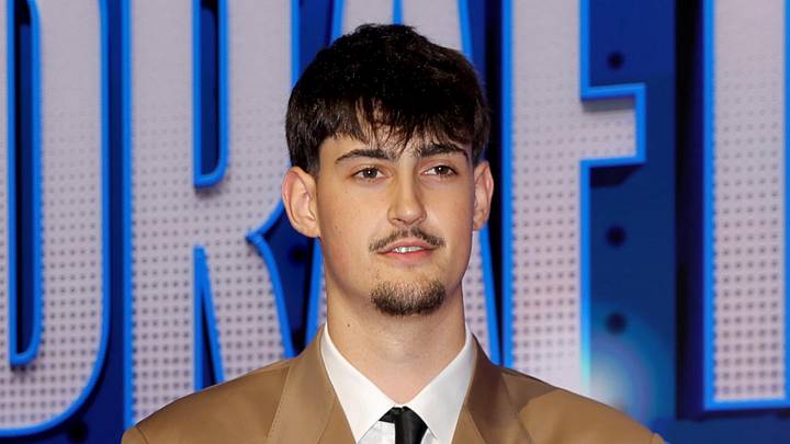 Jun 23, 2026; New York, NY, USA; Draft prospect Aday Mara poses for photos on the red carpet before the 2026 NBA draft at Barclays Center. Mandatory Credit: Brad Penner-Imagn Images
