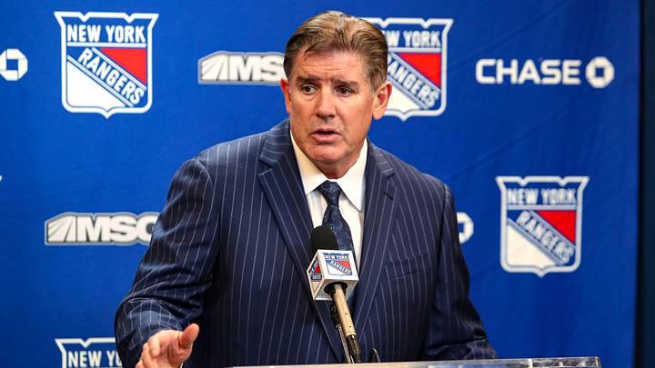 Mar 16, 2025; New York, New York, USA; New York Rangers head coach Peter Laviolette speaks to the media after a 3-1 loss to the Edmonton Oilers at Madison Square Garden. Mandatory Credit: Danny Wild-Imagn Images Mar 16, 2025; New York, New York, USA; New York Rangers head coach Peter Laviolette speaks to the media after a 3-1 loss to the Edmonton Oilers at Madison Square Garden. Mandatory Credit: Danny Wild-Imagn Images