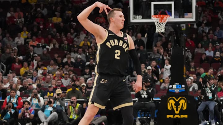 Purdue Boilermakers guard Fletcher Loyer (2) gestures after making a three-point basket. Purdue Boilermakers guard Fletcher Loyer (2) gestures after making a three-point basket.