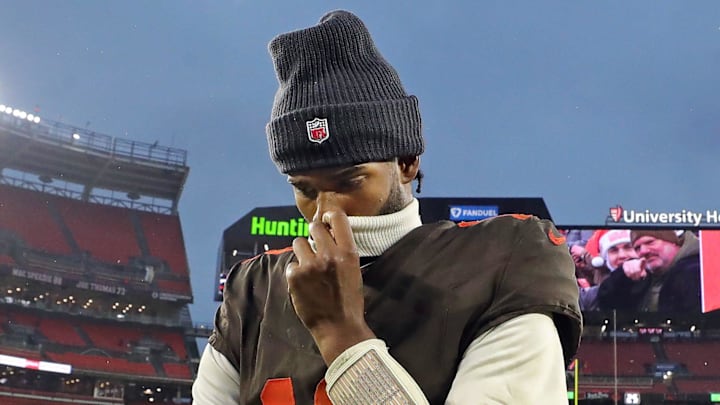 Cleveland Browns quarterback Shedeur Sanders (12) walks off the field after losing to the Tennessee Titans in an NFL football game at Huntington Bank Field, Dec. 7, 2025, in Cleveland, Ohio. Cleveland Browns quarterback Shedeur Sanders (12) walks off the field after losing to the Tennessee Titans in an NFL football game at Huntington Bank Field, Dec. 7, 2025, in Cleveland, Ohio.